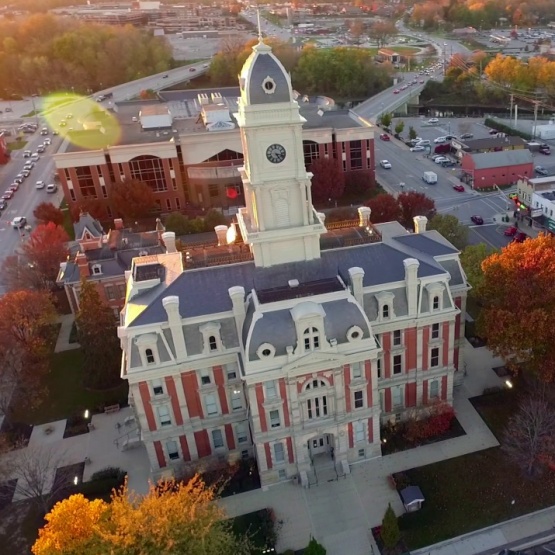 An aerial shot of a town centre in Hamilton County